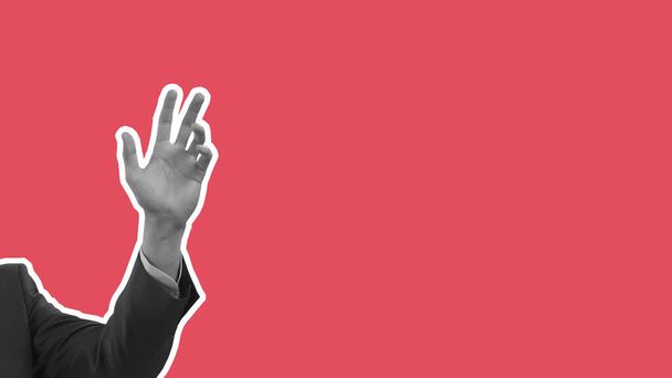 бізнесмен рука порожній ізольований фон жест чоловічої концепції людини. ручний графічний знак, що показує людині руки, які тримають успіх дорослої долоні. рука позиція пальця бізнесмен білий символ великий палець взяти.  - Фото, зображення