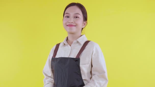 Retrato de una joven barista asiática con delantal de pie y sonrisa sobre fondo amarillo, camarera o emprendedora alegre, pequeña empresa o startup, camarera de cafetería o cafetería con confianza. - Imágenes, Vídeo