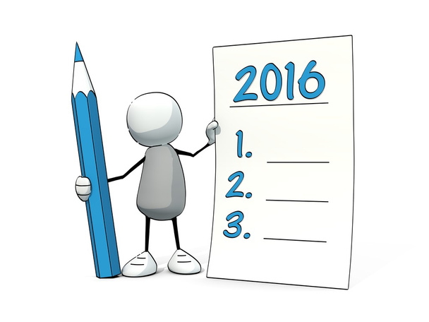 Mały człowiek szkicowy z niebieskim ołówkiem co dobre postanowienia dla 2016 - Zdjęcie, obraz
