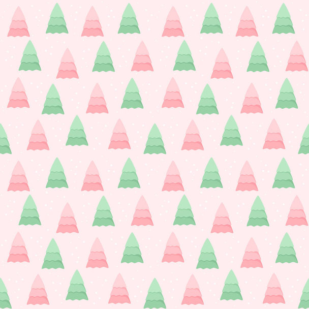 Bezproblémový vzor se zelenými a růžovými vánočními stromky na pastelově růžovém pozadí. Plochá vektorová ilustrace - Vektor, obrázek