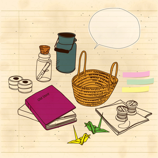 Still life with basket and letter in a bottle - Vetor, Imagem