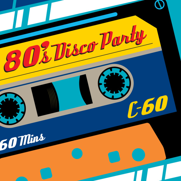 80 年代ディスコ パーティー カセット テープ バナー. - 写真・画像