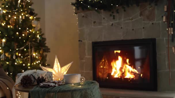 Merry Christmas! Stylish wrapped gift, gingerbread cookies and tea cup on table against festive christmas lights and burning fireplace. Cozy christmas eve. Winter hygge footage - Footage, Video