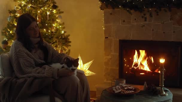 Donna in maglione accogliente accarezzando gatto carino sulle ginocchia e rilassante a accogliente camino in fiamme nella vigilia di Natale in camera festiva. Filmati atmosferici della vigilia di Natale. Animali domestici e vacanze invernali - Filmati, video