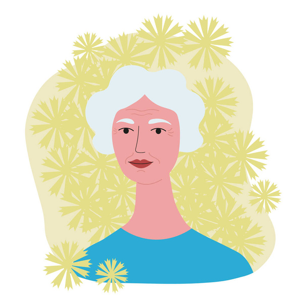 Idős gyönyörű nő ősz hajjal kézzel rajzolt vektor lapos illusztráció. Háttérkártya szöveghez, 50 év feletti nők arcával, életmóddal, szépséggel és egészséges felnőtt nőkkel. Tervezési elem nyomtatáshoz, kártyához - Vektor, kép