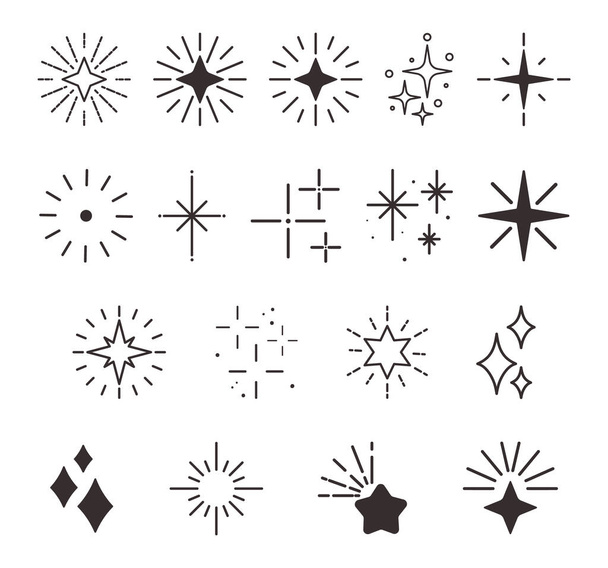 Twinkling Stars kuvakkeet kokoelma. Mustia ja valkoisia taivaankappaleita, hohtavia tähtisymboleja, liekkitehosteita, jotka lisäävät kosketuksen taikuutta malleihin, herättäen tähtitaivaan kauneutta. Vektorikuvaus - Vektori, kuva