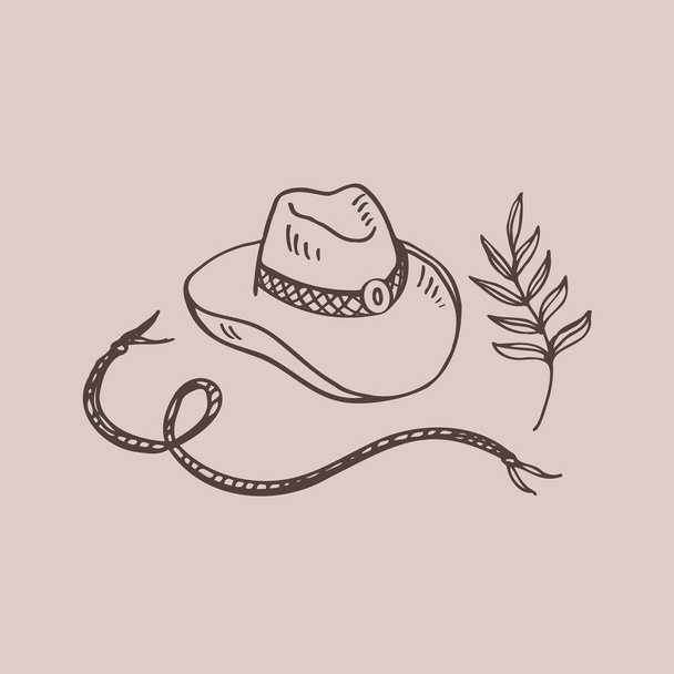Cowboy θέμα Άγρια Δύση έννοια, δυτική, βοσκός ζωή. Χειροποίητη διανυσματική απεικόνιση με καουμπόικες μπότες, λάσο, καπέλο. Στοιχείο σχεδιασμού για t-shirt εκτύπωσης, χαρτί, λογότυπο, κάρτα, αφίσα, πρότυπο, φόντο - Διάνυσμα, εικόνα