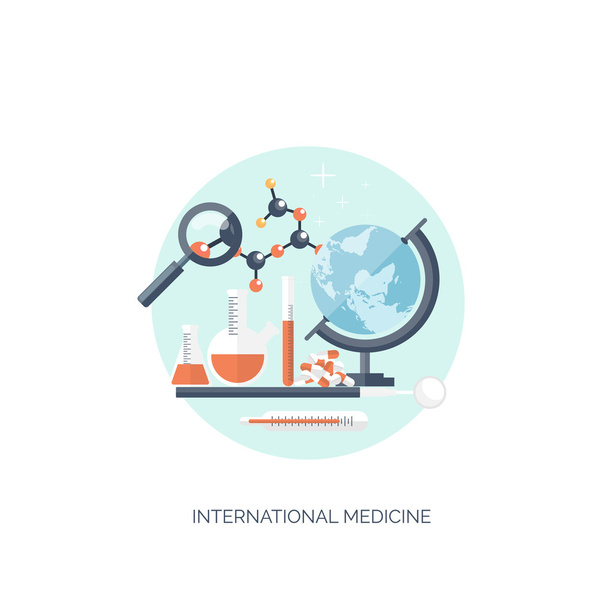 Vector illustration. Flat medical and chemical background. Research, experiment. Healthcare, first aid. - Vector, Image