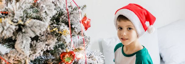 Retrato de menino alegre sorrindo e rindo ao lado da árvore de Natal em casa. Famílias e crianças geração alfa celebrando férias de inverno. - Foto, Imagem