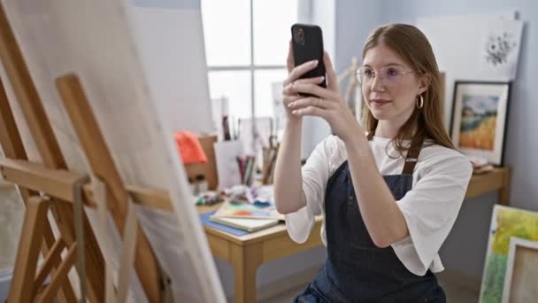 Jeune femme blonde artiste faire une photo pour dessiner au studio d'art - Séquence, vidéo