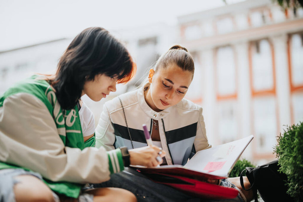 Lässig gekleidete Gymnasiastinnen lernen im Freien, besprechen Hausaufgaben und teilen Wissen. Sie engagieren sich für ihre Ausbildung und zeigen großes Teamwork. - Foto, Bild