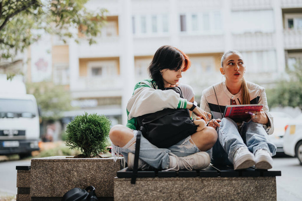 Kaksi lukiotyttöä opiskelee ulkona yhdessä, keskustelee oppiaineista ja kirjoittaa läksyjä - Valokuva, kuva