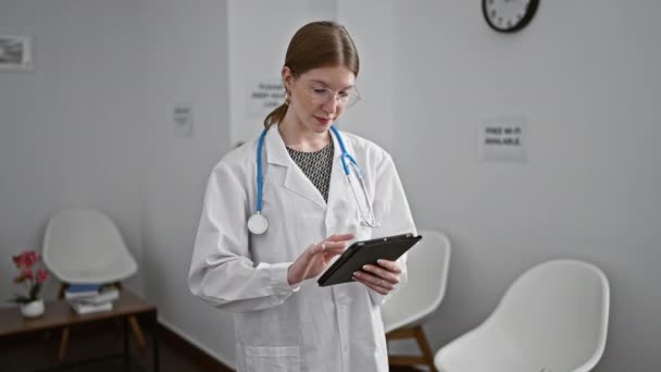 Mujer joven rubia médico usando touchpad sonriendo en la sala de espera clínica - Imágenes, Vídeo