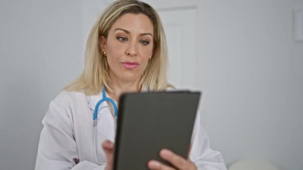 Giovane donna bionda medico utilizzando touchpad pensare in sala d'attesa clinica - Filmati, video