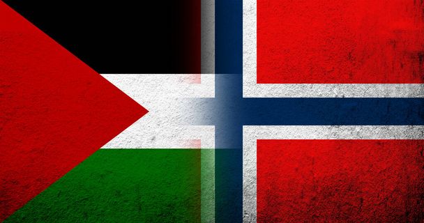 Прапор Палестини та національний прапор Королівства Норвегія. гранжевий фон - Фото, зображення