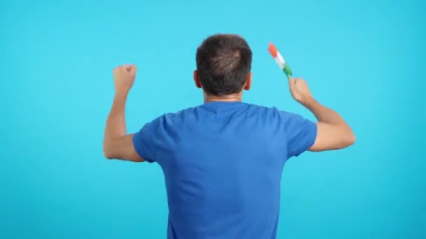 Video in studio con croma della vista posteriore di un uomo che agita un pennant indiano - Filmati, video