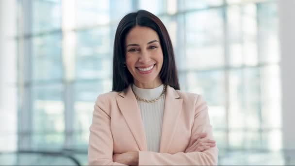 Happy, arms crossed and business woman in office for manager, pride and professional. Smile, designer and entrepreneur with portrait of female employee for confidence, empowerment and opportunity. - Footage, Video