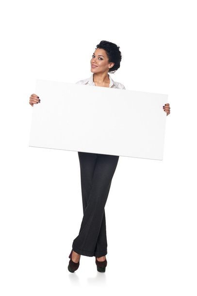 Business woman with blank white board - Fotoğraf, Görsel