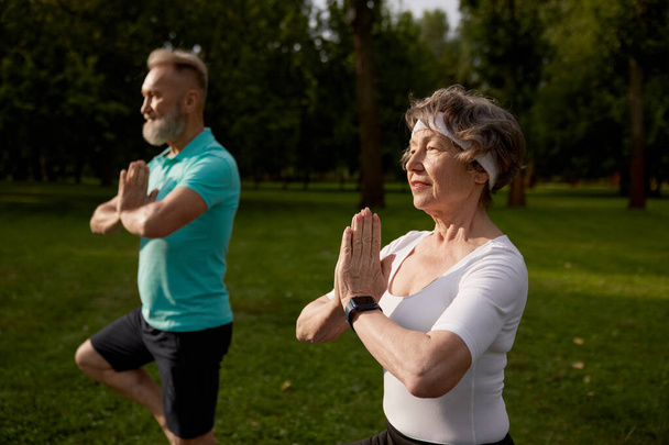 Pareja mayor activa haciendo ejercicio de yoga al aire libre en el parque de la ciudad. Hombre y mujer mayores practicando asana de árbol en el césped - Foto, imagen