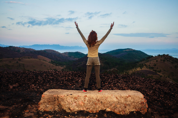 Mujer de pie sobre una roca con los brazos en alto
 - Foto, Imagen