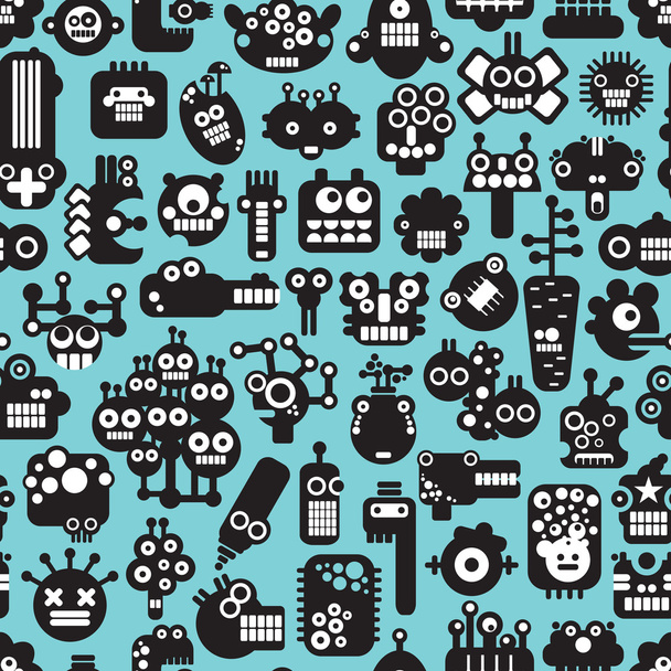 Cartoon robots faces seamless pattern on blue. - Vektor, kép