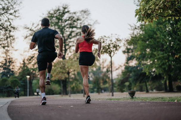 Evening Workout: Active Couple Exercising in Park - Photo, Image