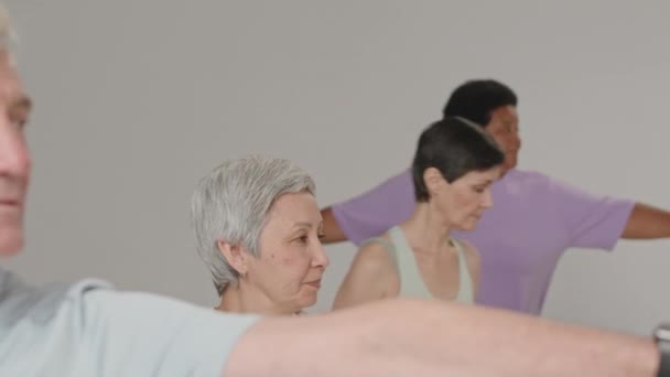Skupina starších lidí stojí s roztaženýma rukama, zatímco cvičí pózování bojovníků během hodiny jógy - Záběry, video