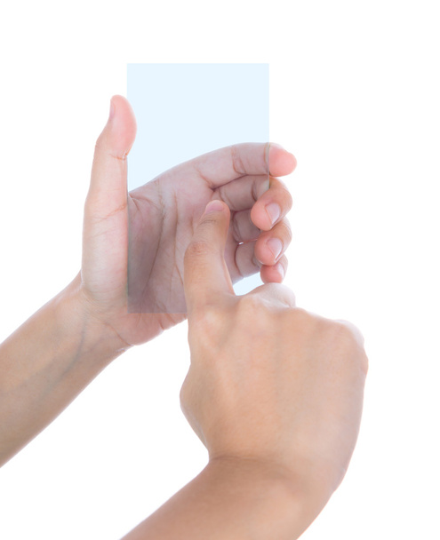 όμορφη γυναίκα χέρι που κρατά απομονωμένες o διαφανή λευκό συσκευή - Φωτογραφία, εικόνα