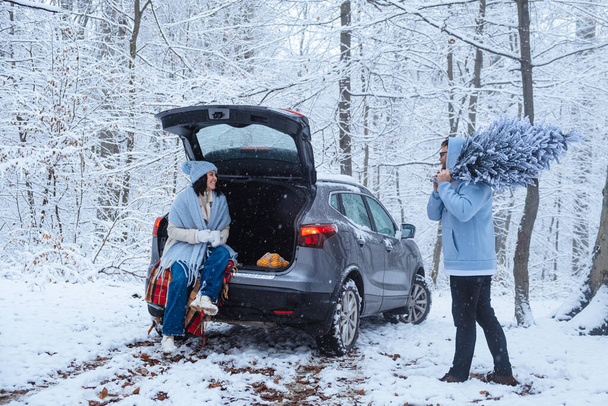 Nella foresta invernale, la donna siede nel bagagliaio dell'auto e l'uomo porta l'albero di Natale. - Foto, immagini