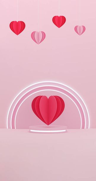 Papír szív és szív léggömb lóg neon platform rózsaszín háttér. Valentin nap, anya vagy nő nap koncepció. 3D illusztráció. - Fotó, kép