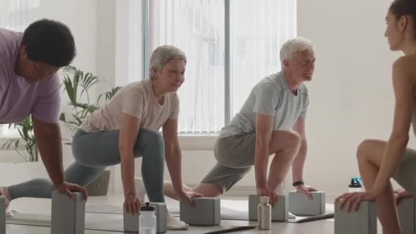 Groep van oudere mensen doen lunge met yoga blokken tijdens de praktijk met vrouwelijke instructeur in de studio - Video