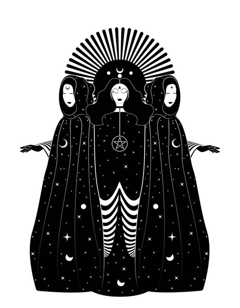 Gizemli üçlü tanrıça, sihirli pelerinli rahibeler. Göksel uzun elbiseli güzel peri kadınlar. Gotik cadı cadı kadın kutsal tasarımı. Beyaz arkaplan sanat deco biçiminde izole edilmiş vektör - Vektör, Görsel