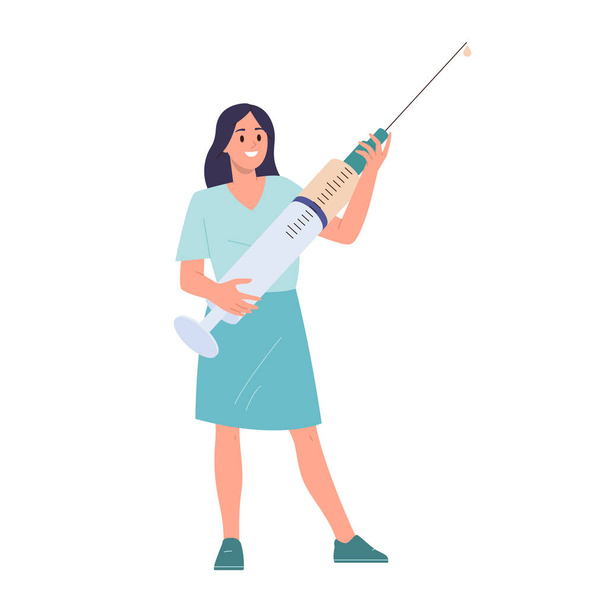 Woman doctor cartoon character holding syringe with medication for patient vaccination and treatment vector illustration. Medical injection to safe people life and healthcare against viral infection - Vector, Image