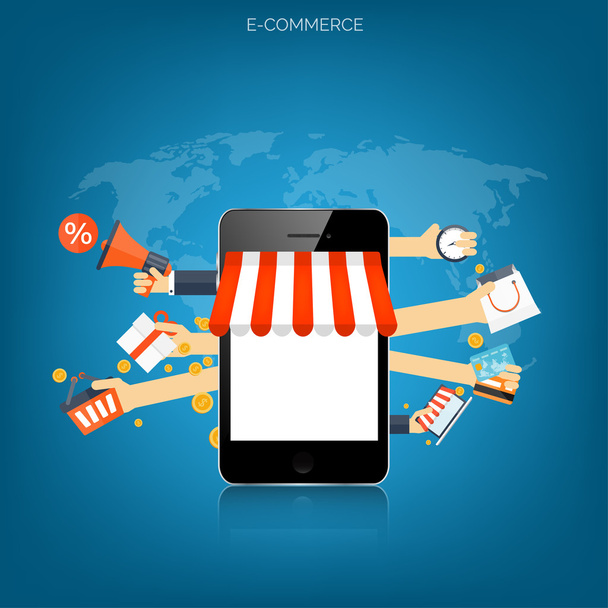 Internet-Einkaufskonzept. E-Commerce. Online-Shop. Web-Geld und Zahlungen. Bezahlung per Klick. - Vektor, Bild