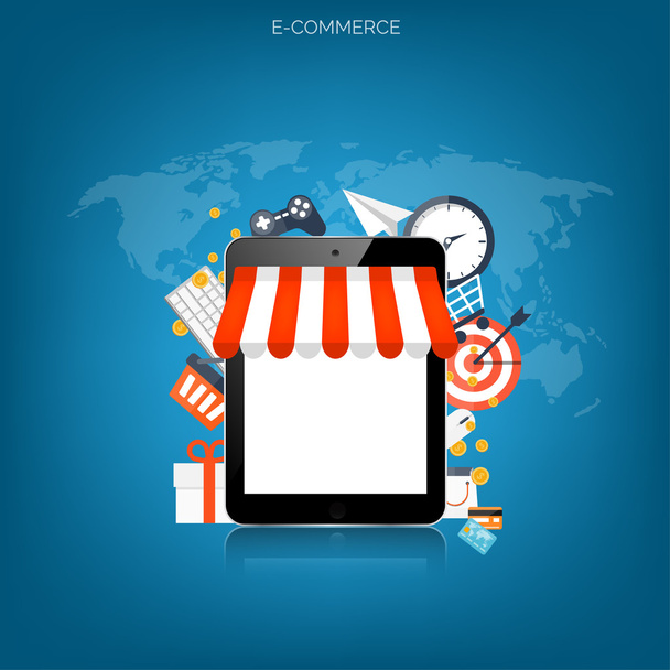 Internetes vásárlás koncepció. E-kereskedelem. Online áruház. Web pénz és a kifizetések. Pay-per-click. - Vektor, kép