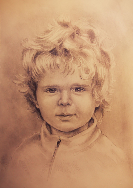 Παιδί πορτρέτο, όμορφα λεπτομερείς σχέδιο μικρού αγοριού σε φόντο ocre - Φωτογραφία, εικόνα
