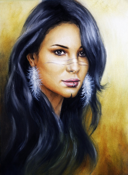 美しいイラスト、羽のイヤリングと長い黒髪の若い魅惑的な女性顔の肖像画 - 写真・画像