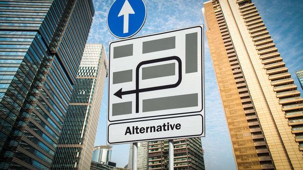 Imagem mostrando um sinal de sinalização e informação apontando na direção de uma alternativa em alemão. - Foto, Imagem
