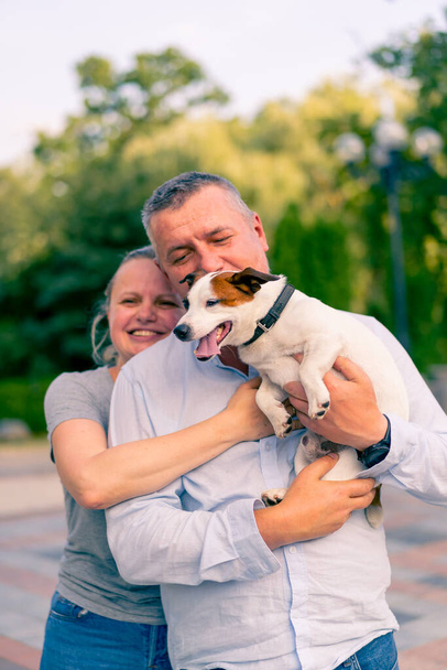 portrait of a happy family an adult man and a woman on a walk with a dog of the Jack Russell terrier breed in the city park hugging animal - Zdjęcie, obraz