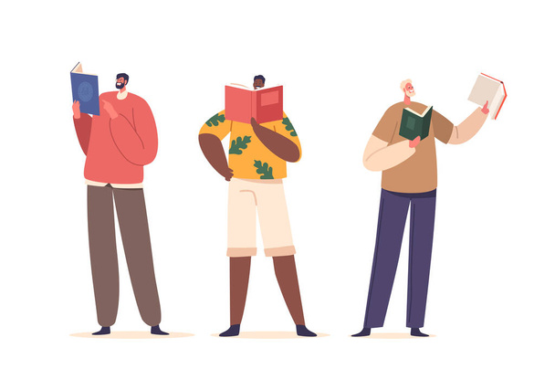 Çeşitli erkek karakterleri kitaplara dalmış, çeşitli çağları ve ilgi alanlarını temsil eden, okuma aşkı ile birleşmiş, ortak bir entellektüel bağ kuran. Çizgi film İnsanları Vektör İllüstrasyonu - Vektör, Görsel