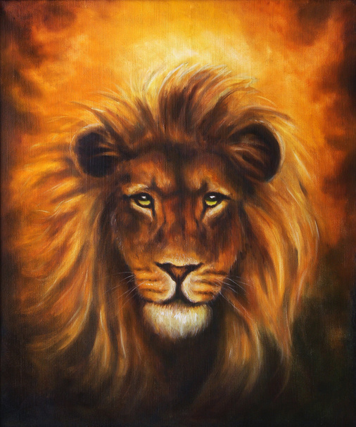 Лев крупным планом портрет, голова льва с золотой гривой, красивая детальная картина маслом на холсте, зрительный контакт
 - Фото, изображение