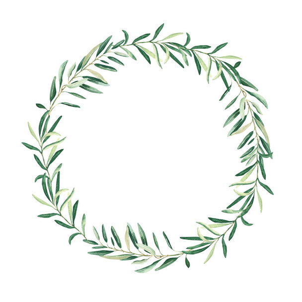 Watercolor olive wreath. Isolated on white background. Hand drawn botanical illustration. Can be used for cards, logos and food design - Valokuva, kuva