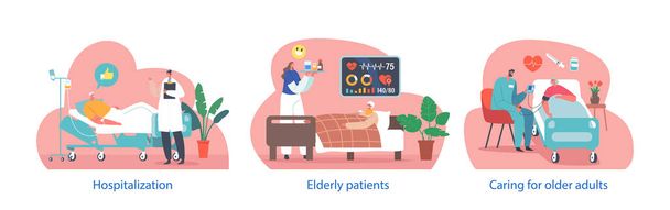 Izolované vektorové prvky s hospitalizací starších osob se vyskytují v důsledku onemocnění souvisejících s věkem nebo zranění, vyžadující specializovanou péči, sledování, podporu. Vektorová ilustrace kreslených osob - Vektor, obrázek