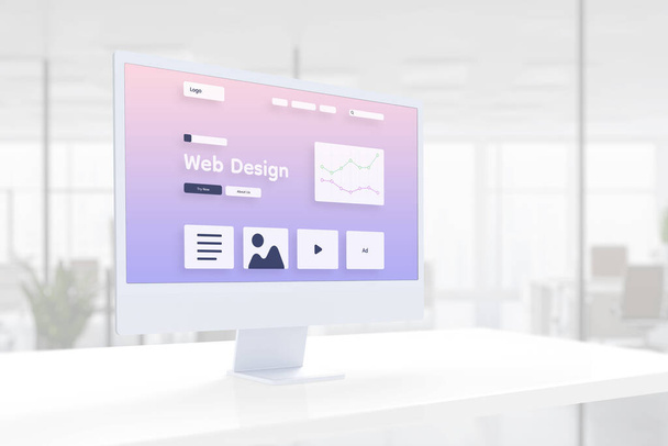 Design web moderno layout de página de estúdio paira em uma tela de computador em um escritório de estúdio moderno - Foto, Imagem