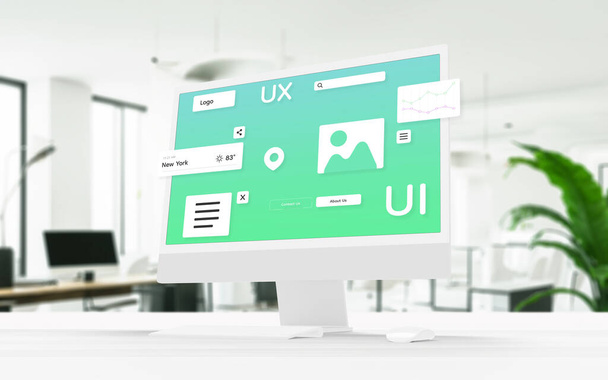 Computer display showcasing user interface modules, icons, and elements seamlessly hovering. UI design and development concept - Photo, Image