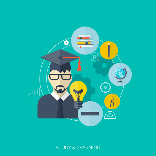 Flat concept education background. Back to school. Distance learning. Study in univercity. - Vector, Image