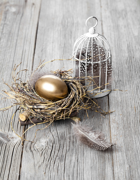 ovo dourado no ninho, no fundo de madeira
 - Foto, Imagem