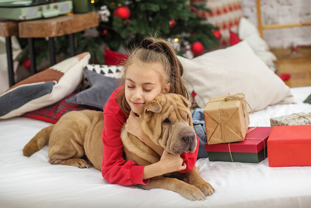 Boksdag. Shar Pei hond. Vrolijk kerstfeest en fijne feestdagen. Kind meisje en hond met Kerstmis. - Foto, afbeelding