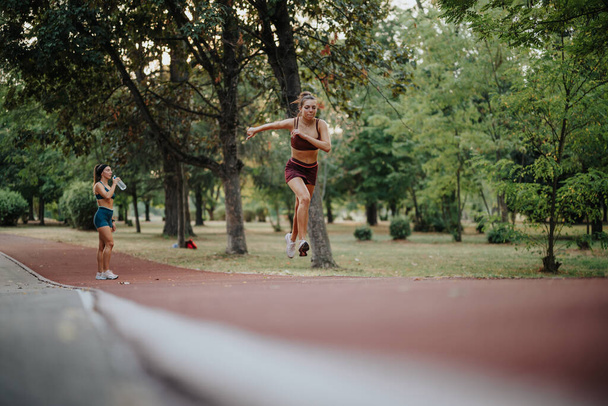 Chicas activas corriendo en un parque verde, aptitud inspiradora y estilo de vida saludable - Foto, Imagen