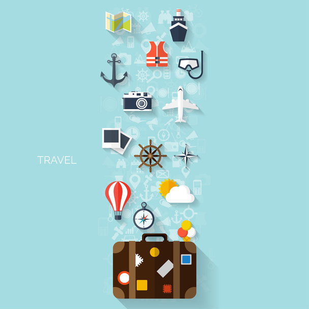 Concepto de viaje mundial. Iconos planos. Imagen del concepto de turismo.Vacaciones y vacaciones.Mar, océano, tierra, aire viajando
. - Vector, imagen